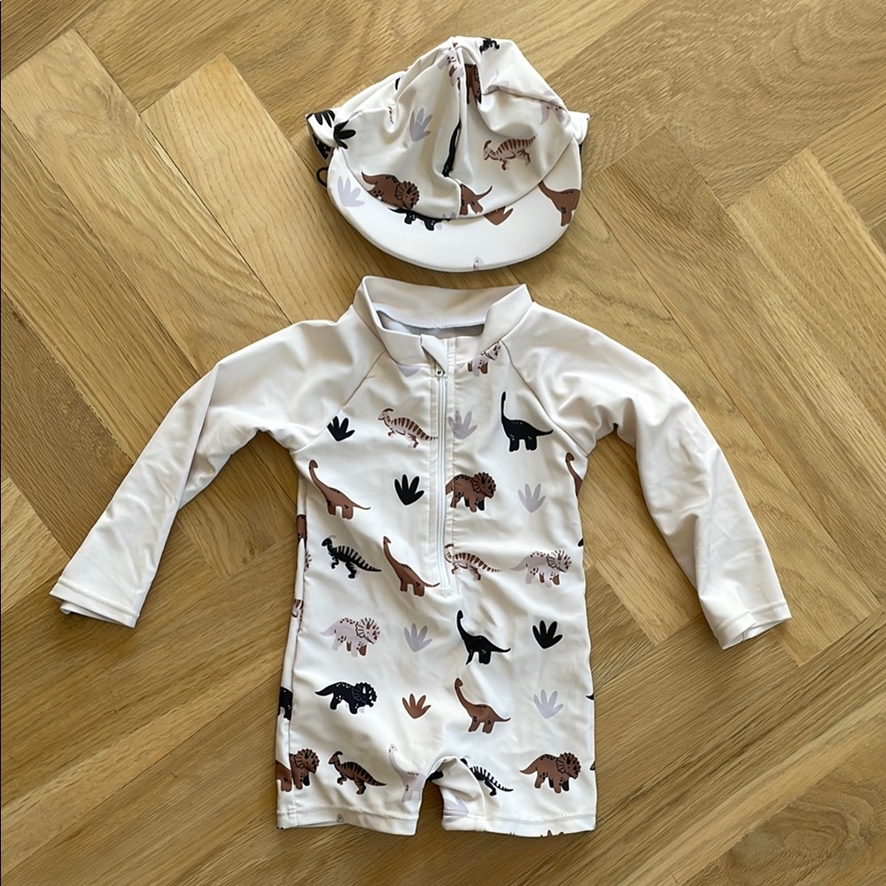 Cream and Brown Dinosaur Rashguard Swim Set